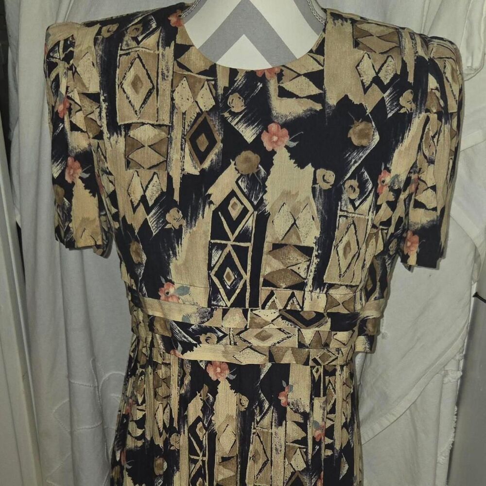 Karen Steven's  90s Geometric Floral Midi Dress size 4 earthy abstract boho